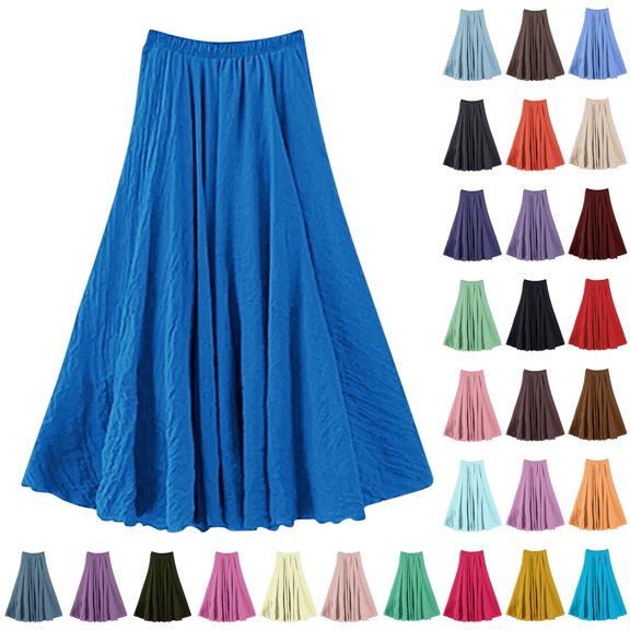 Linen Maxi Skirts For Women Elastic High Waist Solid Color Summer Pleated Flowy Vintage Casual Loose Skirt (Free Size, Blue)