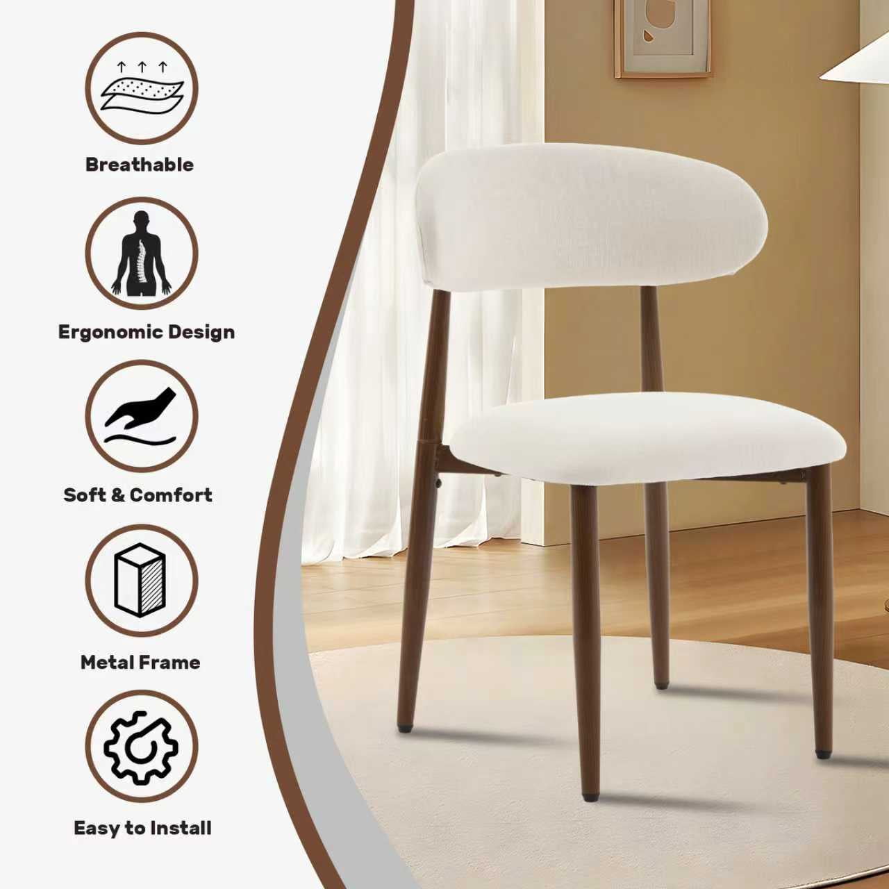 Dining Chairs Set of 2, Metal Kitchen Chairs with Upholstered Seat and Back, Modern Dining Room Chairs for Home and Cafe, Black Frame with Beige Seat