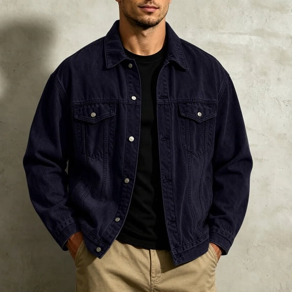 Raeneomay Men's Denim Jacket - Long Sleeve Collared Multi Pocket Outerwear S-XXL