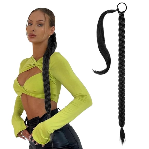 Cece Beauty Hairline Long Braided Ponytail Extension with Hair Tie Straight Wrap Around Hair Extensions Ponytail Natural Soft Synthetic Hair Piece Daily Wear 30 Inch, Black