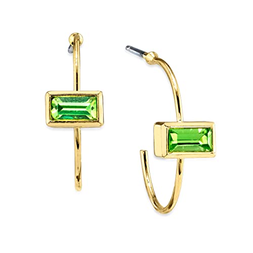 1928 Jewelry 14K Gold Dipped Rectangle Crystal Open Hoop Stainless Steel Post Earrings (Blue)