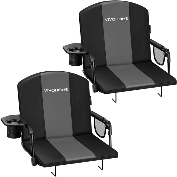 SPECSTAR Set of 2 Stadium Seat with Back Support, Portable Bleacher Chair with Cup Holder, Shoulder Strap for Sport Events, Foldable Seat, Black&Gray
