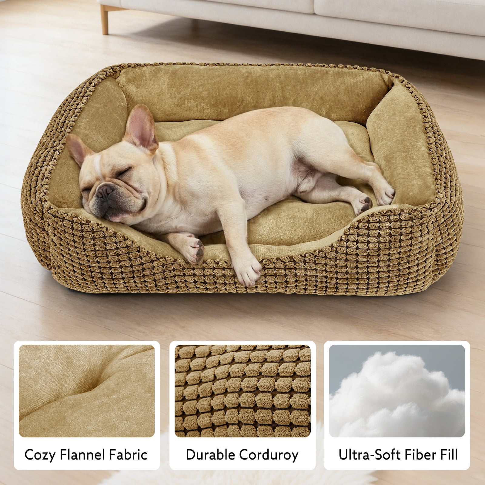 Washable Dog Beds for Medium Sized Dogs, Cat Beds for Indoor Cats, Rectangle Pet Beds with Anti Slip Bottom, Beige, 30"x24"x9"