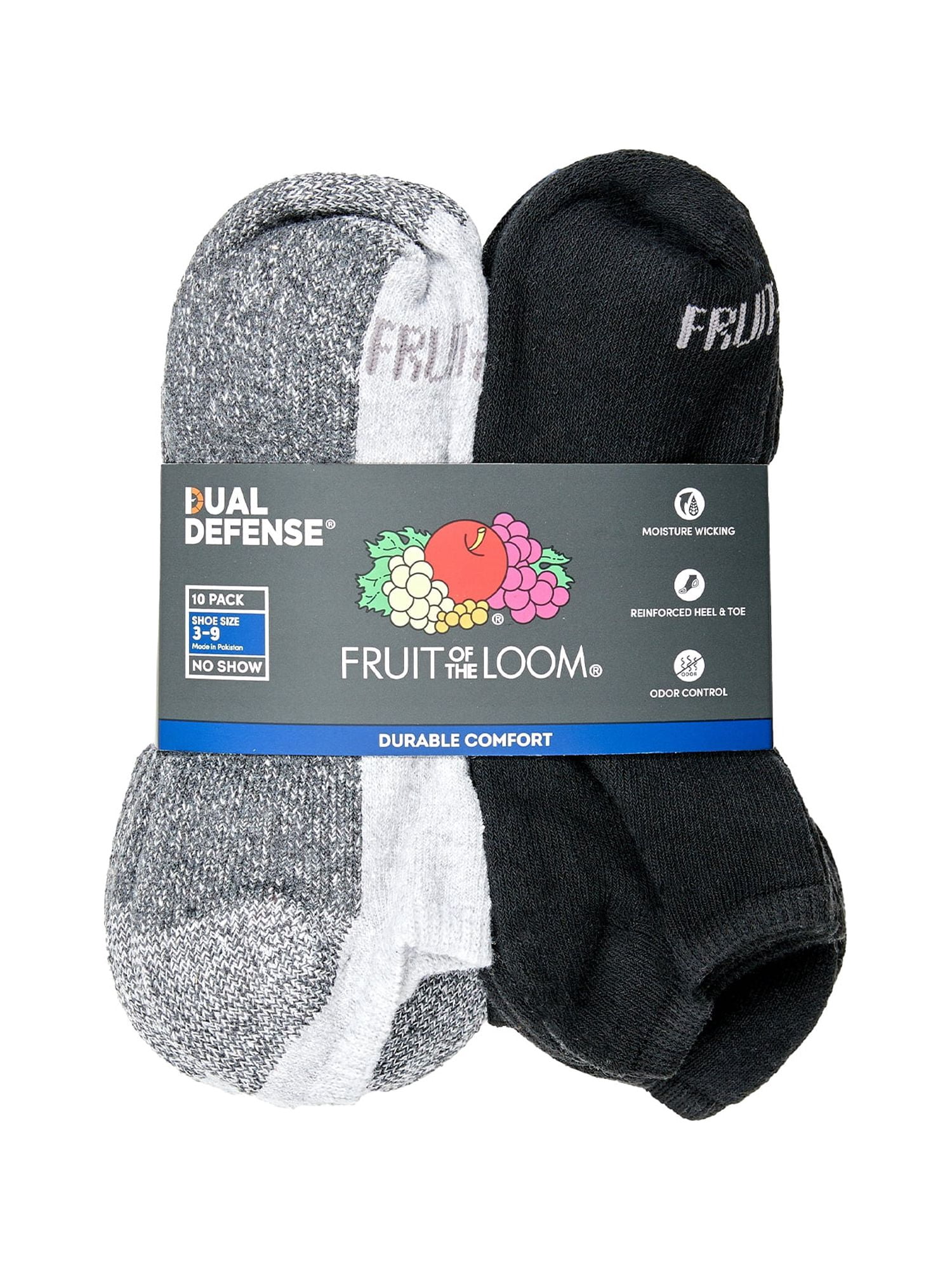 Fruit of The Loom Dual Defense No Show Socks for Boys, Assorted, Sizes 3-9 (10-Pack)
