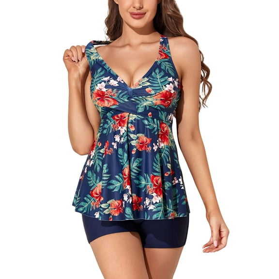 BERANMEY Sexy Deep V Neck Floral Print Tankini Swimsuits for Women Two Piece Tankini Tops For Women Criss Cross Back Swim Dress Womens Tankini Bathing Suits with Boyshorts