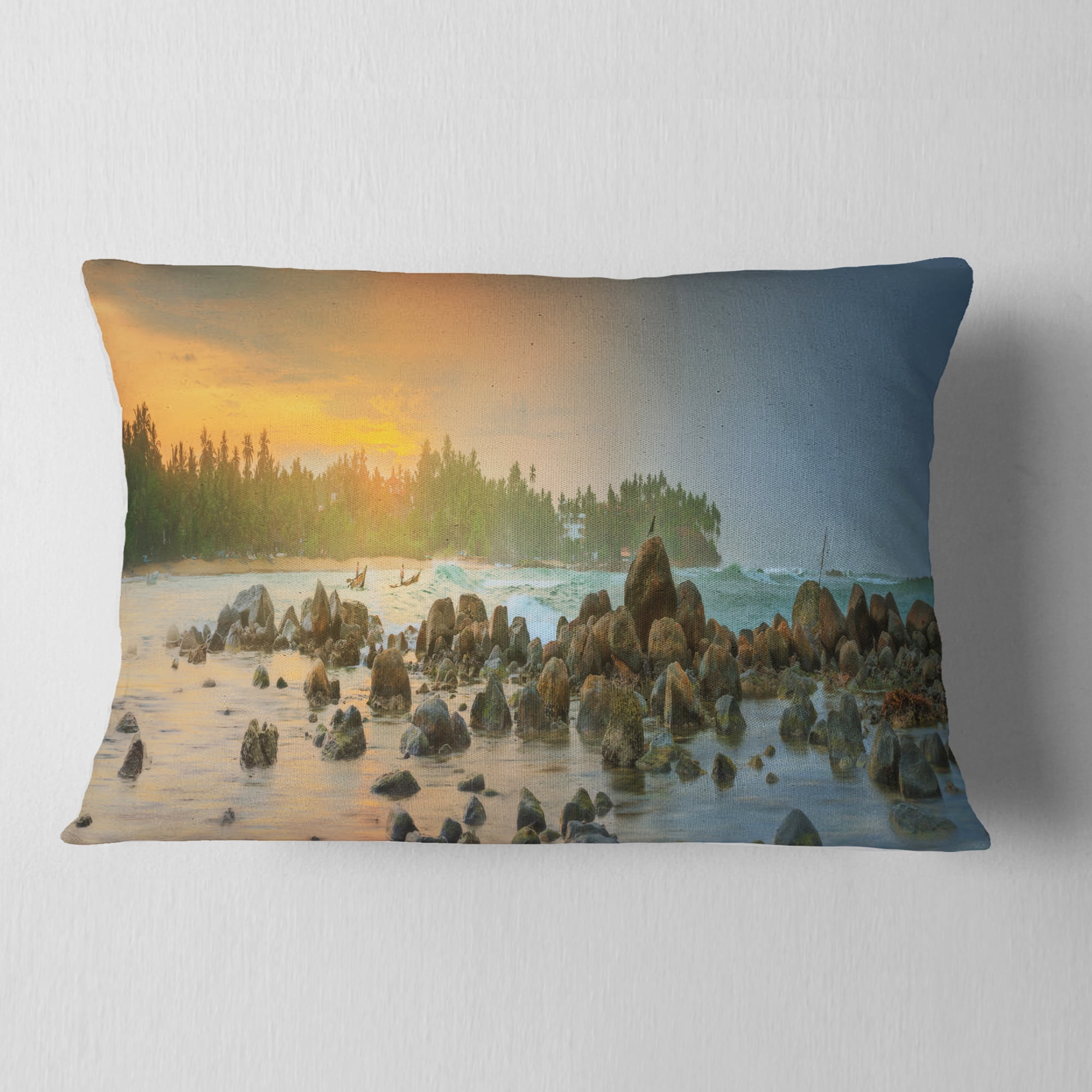 Designart Romantic Untouched Beach Sunset - Landscape Printed Throw Pillow - 12x20
