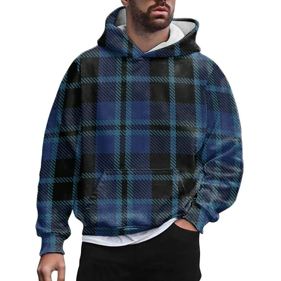 KDFJPTH Hoodie Sweatshirt for Men Hoodies Pullover Plaid Print Dark Blue S