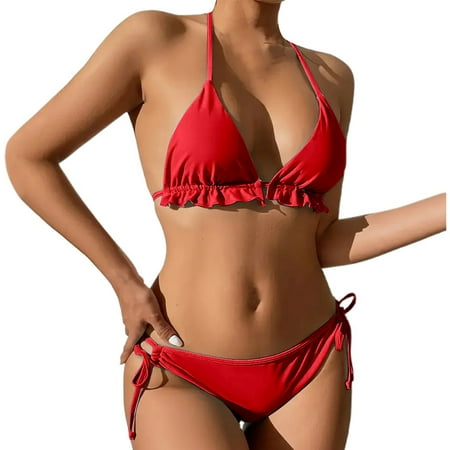 JIANJIA Womens Swimsuits Solid Color Sexy Backless Lace Up Halter Brassiere With Thongs Swimsuit Skirt Three Piece Bikinis Swimwears Activewear Red Xs