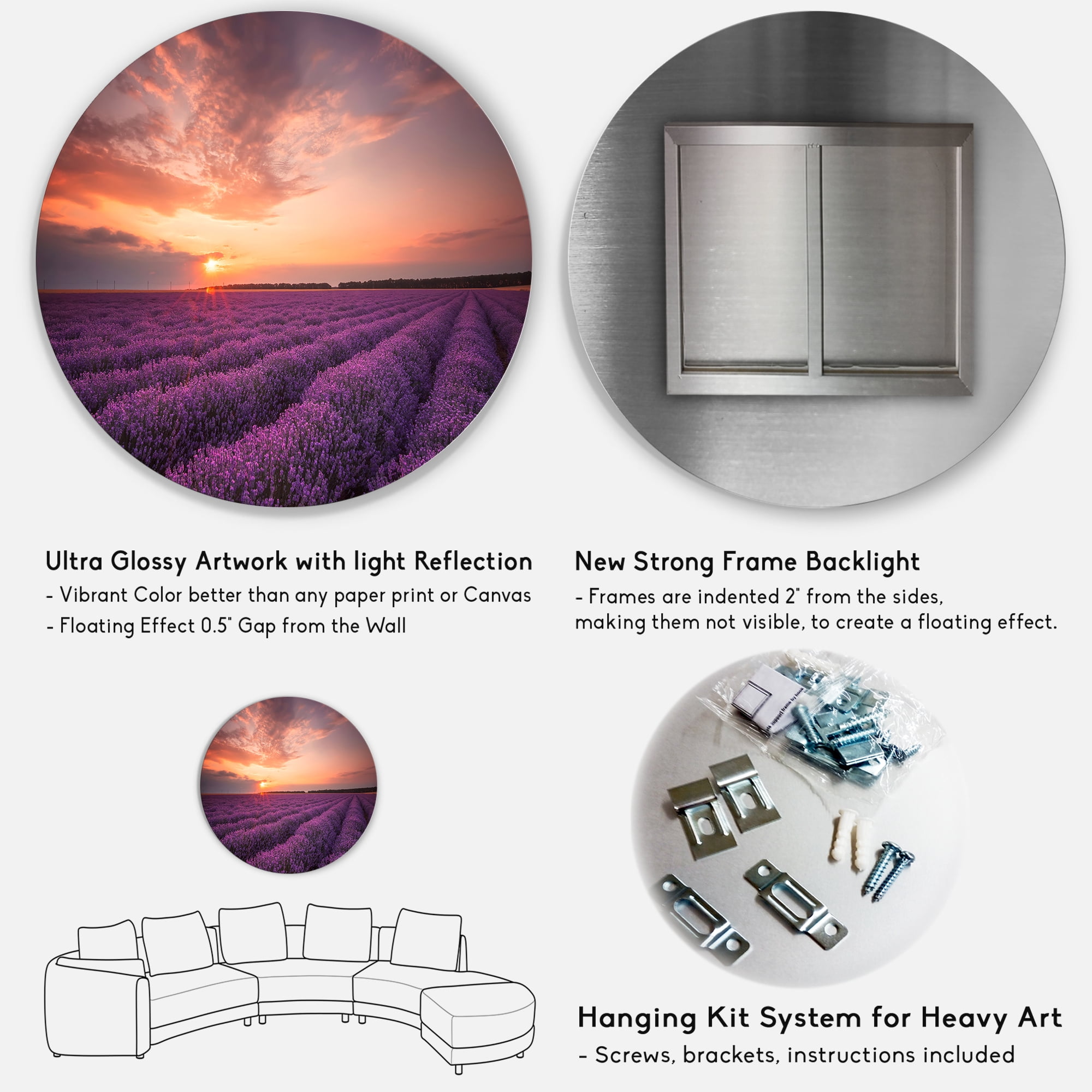 Designart 'Dramatic Clouds and Sunrise Over Lavender Field XII' Farmhouse Circle Metal Wall Art 29x29 - Disc of 29