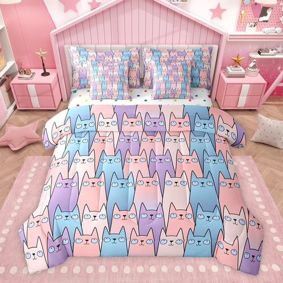 Castle Fairy Cartoon Cats Twin Bedding Sets,Blue Pink Purple Bedding Comforter Set