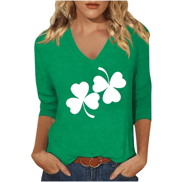 Besolor Chemises à Manches 3/4 pour Femmes Imprimé Trèfle de la Saint-Patrick Hauts d'Été Col Rond T-Shirt Graphique