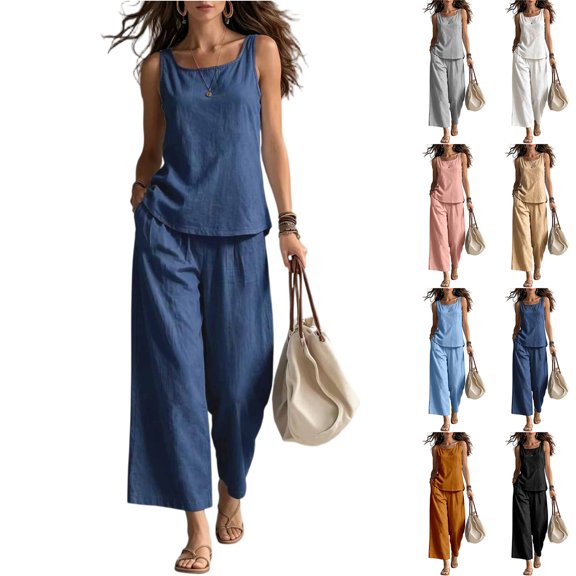 Linen-Blend Sleeveless Tank Top & Wide Leg Pants Two Piece Set for Women, Square Neck Loose Fit Palazzo Lounge Outfit - Solid Color Summer Casual Co-ord Black L