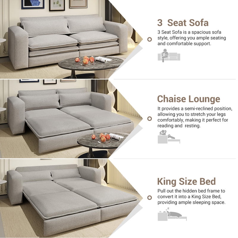 93" King Size Sleeper Sofa Bed, 3-in-1 Convertible Pull Out Couch, Chaise Lounge, Sherpa Fleece 3-Seater Upholstered Sofa with 2 Lumbar Pillows for Living Room, Apartment, and Office