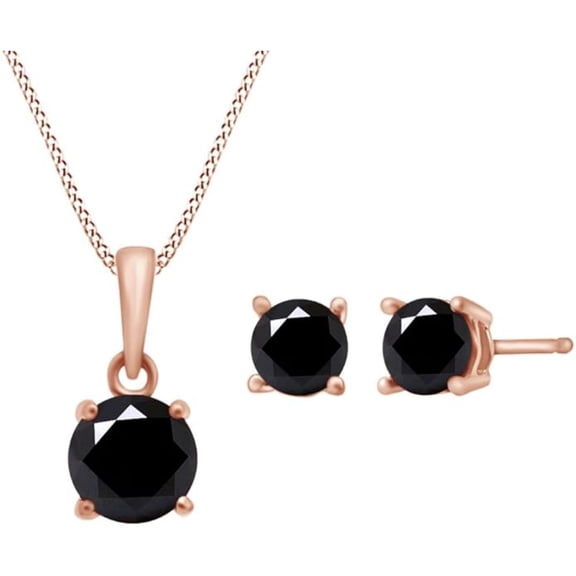 Real 925 Sterling Silver 14K Rose Gold Finish Round Cut Black Diamond solitaire Earrings & Pendant Necklace Jewelry Set for Women