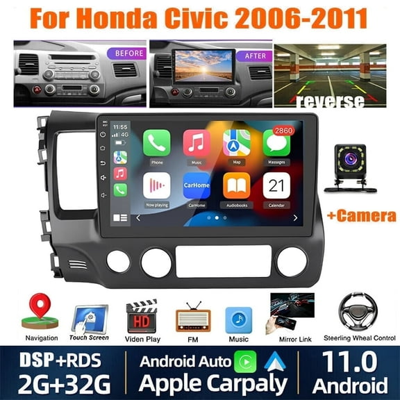 Guwzn Car Stereo Radio for Honda CIVIC 2006-2011 10" Touchscreen 2 32G Wifi GPS Navigation Wireless Carplay Android Auto