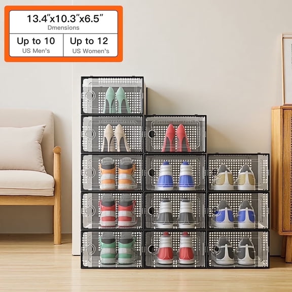 X-Large Shoe Storage Boxes,12 Pack Shoe Storage Organizers,Clear Stackable Shoe Boxes for Closet,Foldable Shoe Racks,Sneaker Storage Boxes (Black)