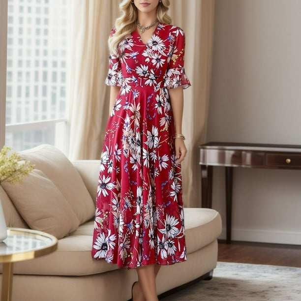 Kcodviy Women Floral Sleeve Dress Maxi Beach Dress Long Casual A Line  Ladies Denim Dress Print V Neck Slim Dresses Casual Summer Short Women's  Dress - Walmart.ca