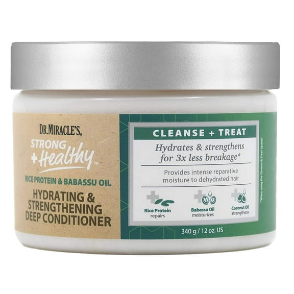 Dr. Miracle's Strong & Healthy Hydrating & Strengthening Deep Conditioner. Contains Coconut Oil to provide intense moisture and repair damaged hair.