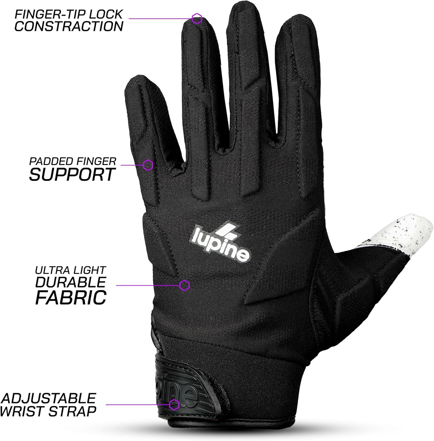 Lupine Rage R2 Youth Football Gloves – Padded Receiver & Lineman, Ultra Sticky Grip, Machine Washable, Boys & Girls, White Youth M-L