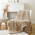 thumbnail image 3 of Beige Faux Fur Throw Blanket, Double Side Reversible Ruched Rabbit Fur Blanket for Couch, Bed, Cozy Soft Warm Mink Blanket, 50x60 Inches, 3 of 18