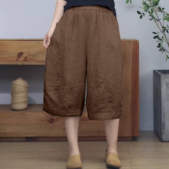 Endives Womens Linen Short Loose Solid Color Cotton Linen Pant Loose Below the Knees Elastic Waist Pants Khaki