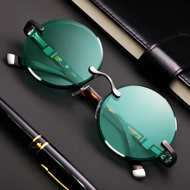 Gafas de sol clásicas sin montura para hombre y mujer, lentes de cristal verde oscuro, redondas, Retro, para conducir al aire libre