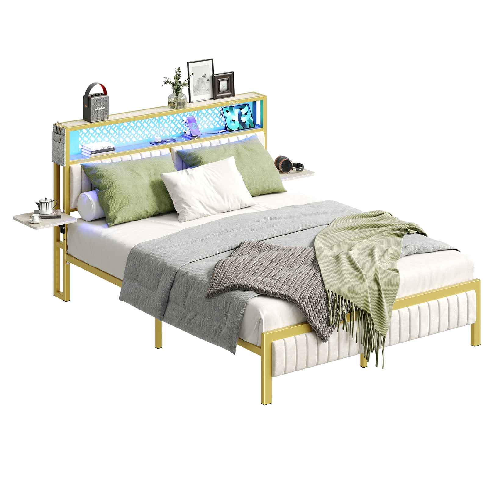 Bestier Queen Size Bed Frame Upholstered LED Platform Bed with Foldable Trip Shelves and Storage Headboard Charge Station, Off White