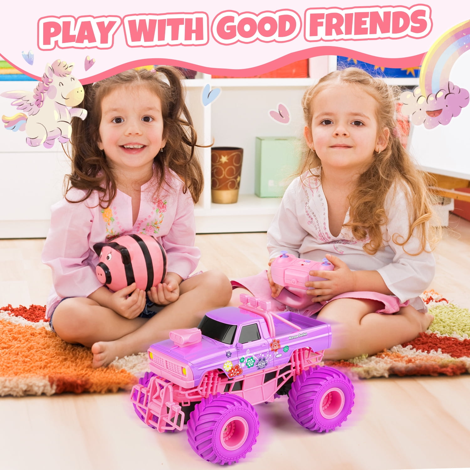 Beefunni Pink RC Car for Girls, 4WD Off-Road Remote Control Truck with 2.4GHz, Rechargeable Batteries, All-Terrain RC Toy for Kids Ages 6-12, Birthday Gift for Girls