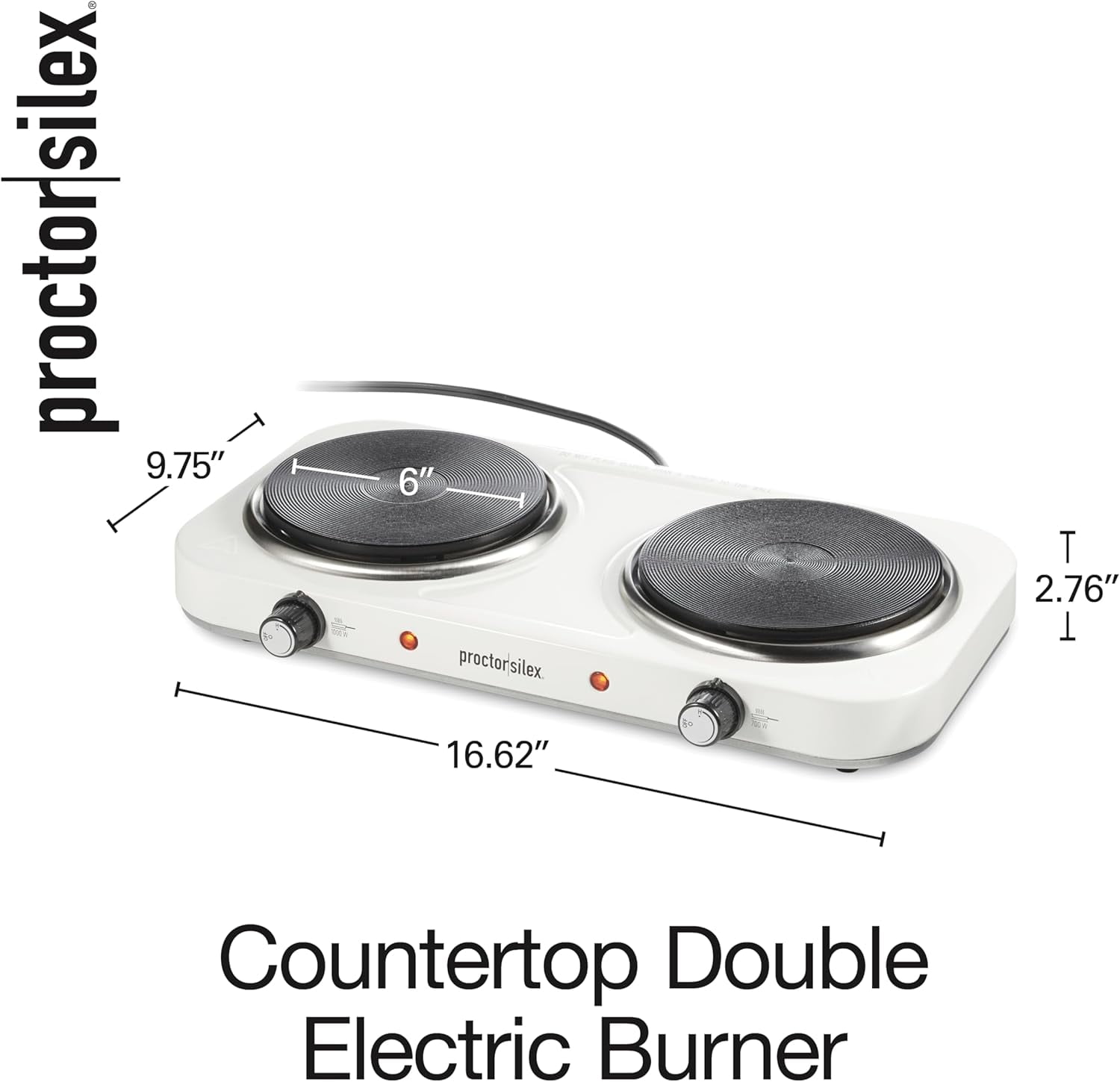 Portable Electric Stove, Cast Iron Double Burner Cooktop, Compact, Adjustable Temperature Hot Plate, 1700 , White (34117)