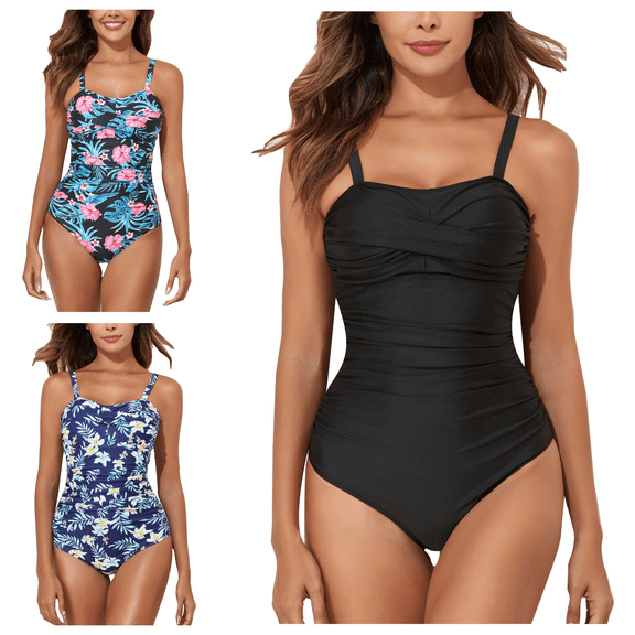 Lovzfmll One Piece Swimsuits for Women Square Neck Casual, Bikini Spaghetti Straps Push-Up Low Back Bathing Suit, Black S