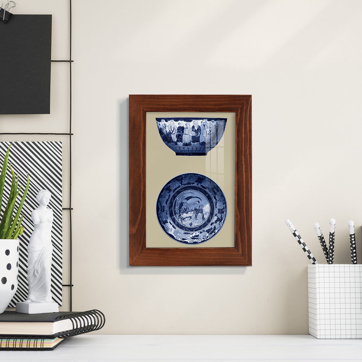 Porcelain in Blue and White II -Framed Print w/glass-Chestnut