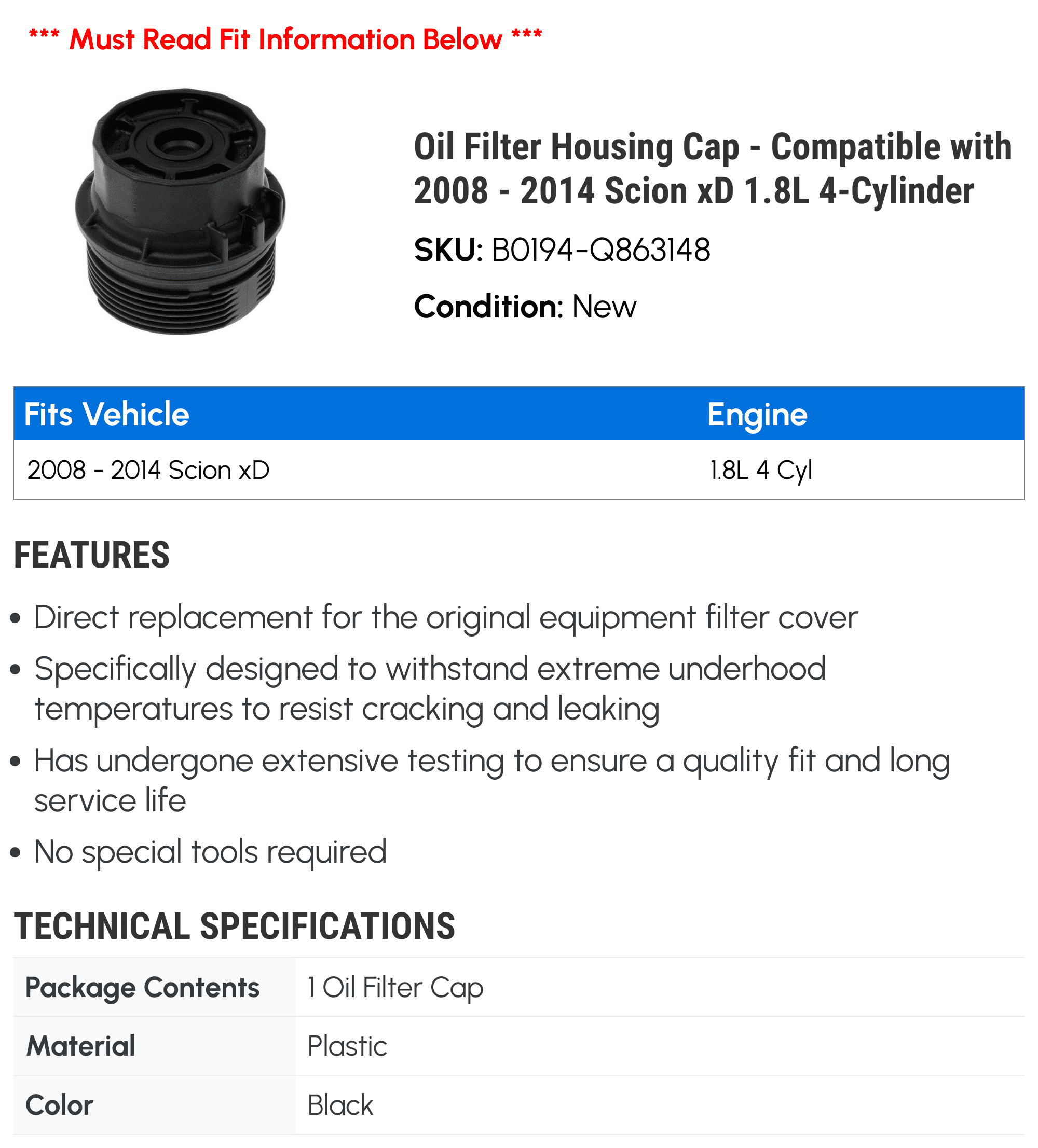 Oil Filter Housing Cap - Compatible with 2008 - 2014 Scion xD 1.8L 4-Cylinder 2009 2010 2011 2012 2013