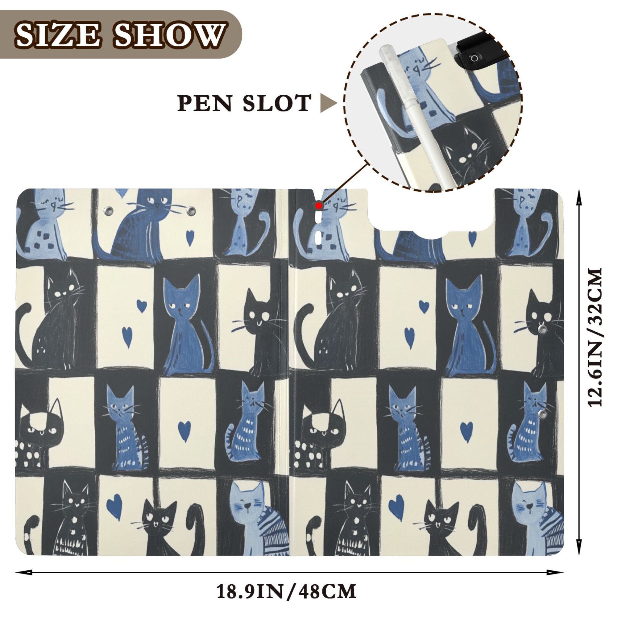 FORMRS A4 Clipboard Folder with Pen Holder Horizontal Foldable School Office Binder, Black and Blue Cat