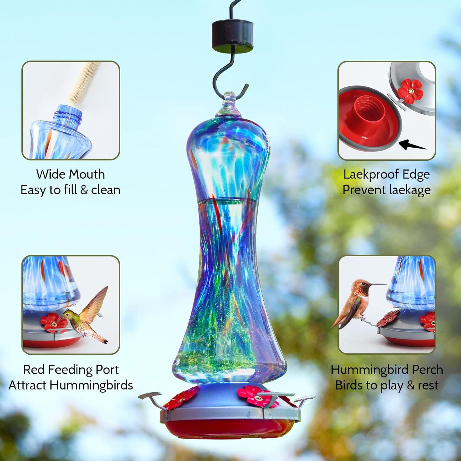 Hummingbird Feeder for Outdoors Hanging, Hand Blown Glass Hummingbird Present with Perch, Leak Proof, Never Fade, 4 Feeding Ports, 20 fl.oz, Include Hook, Ant Moat, Rope, Brush, Presents for Garden