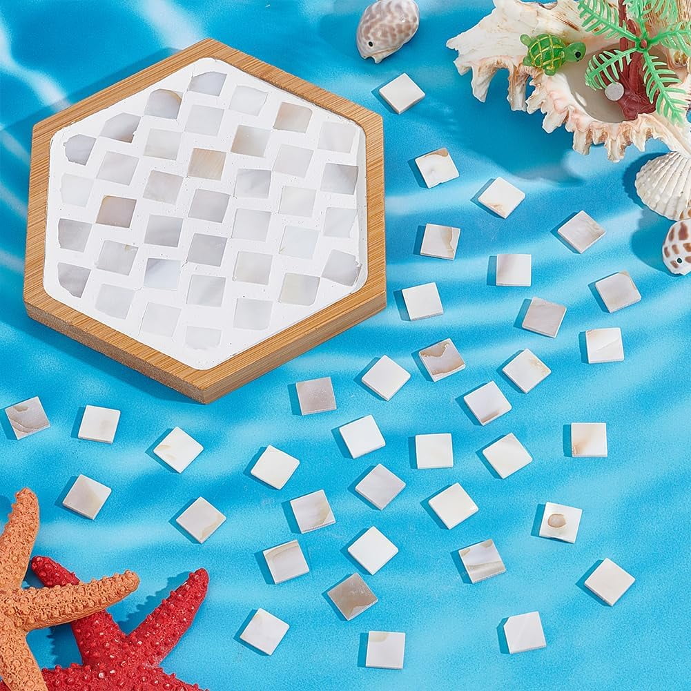 500 Pcs Natural Shell Mosaic Tiles 10x10mm Floral White Shell Square Cabochons Mosaic Mother of Pearl Pieces Bulk Shell Mosaic Tiles for DIY Mosaic Art Crafts Home Decorations