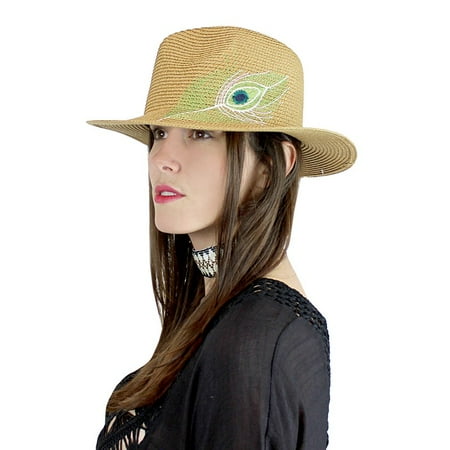 Peacock Virginie Straw Hat Embroidered Feather