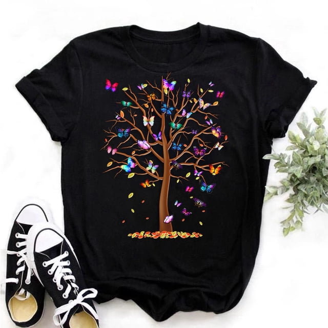 Camiseta Con Estampado De Árbol De Mariposa Para Mujer , Ropa De Verano De Manga Corta , Negra Blanca S-3XLpangjing