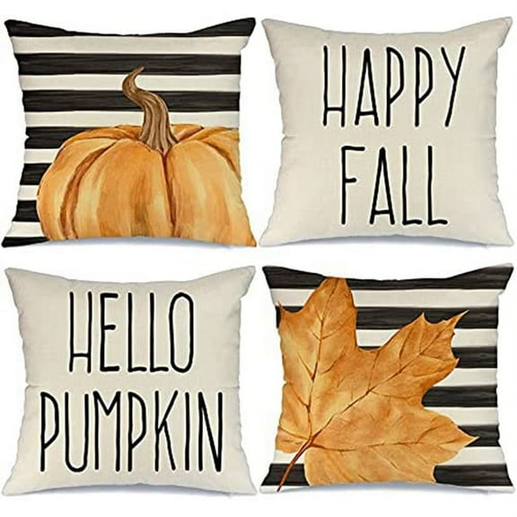 Fall Decor Pillow Covers 16x16 Set of 4 Polka Dots Pumpkin Maple Leaf Happy Fall Outdoor Stripes Fall Pillows Decorative Throw Pillows Farmhouse  Thanksgiving Cushion Case for Couch Sofa