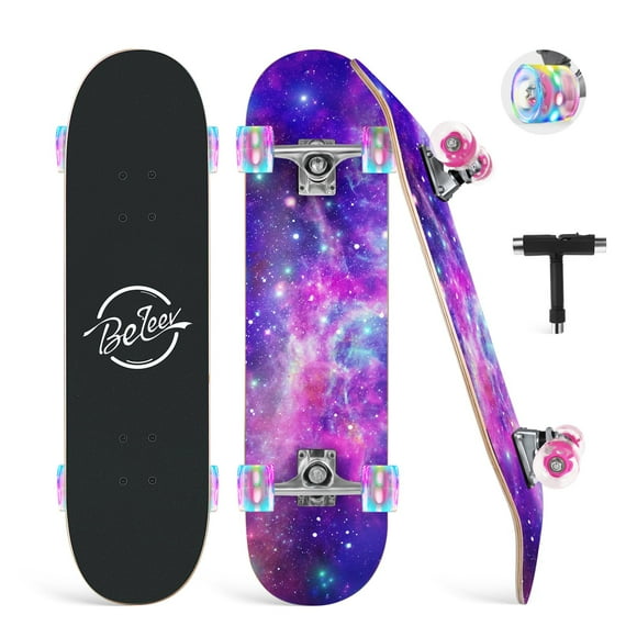 BELEEV Skateboards for Kids, 31x8 inch Complete Skateboard for Beginners Teens Adults, 7 Ply Canadian Maple Double Kick Deck Concave Skateboard with LED Light-Up Whee