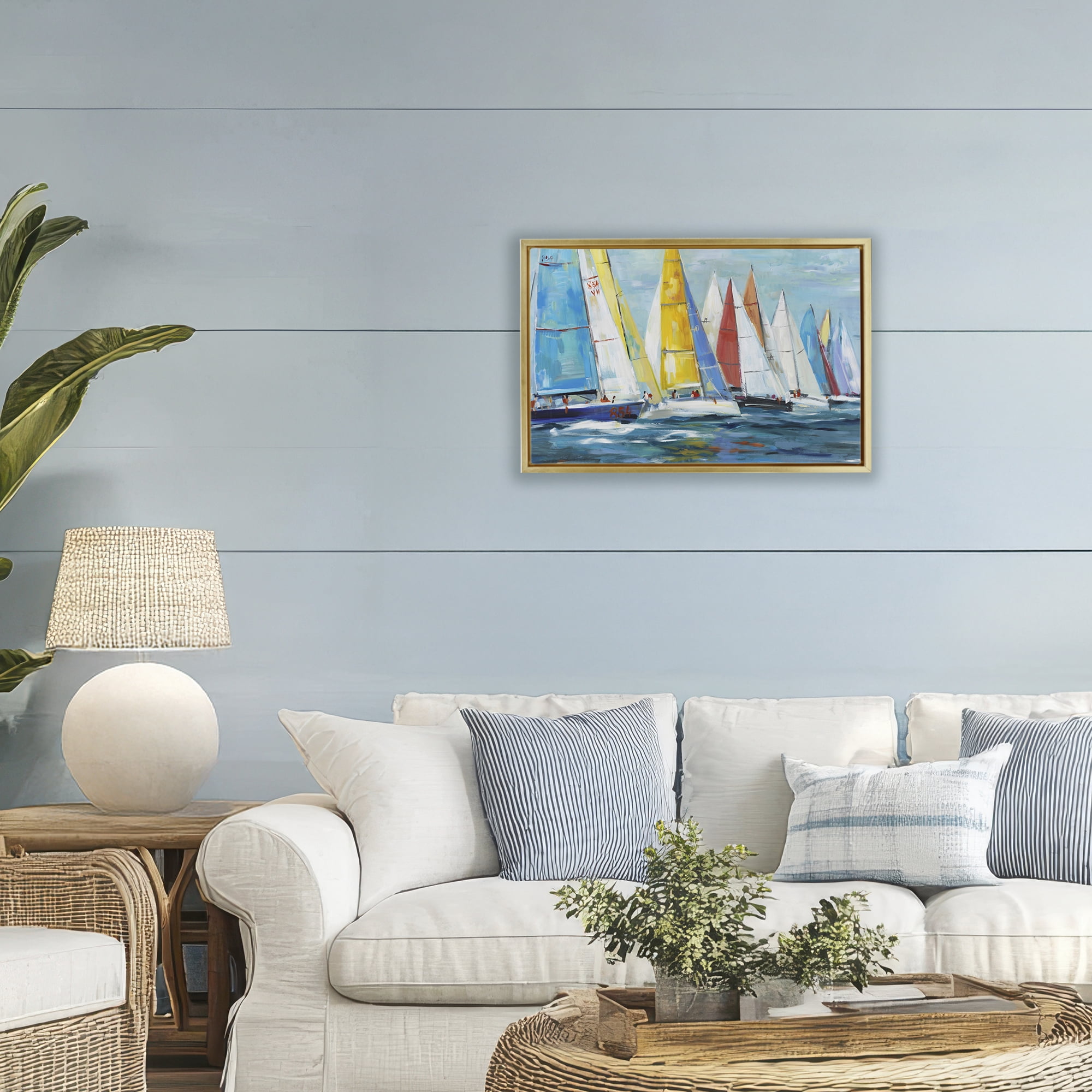 Stupell Industries Colorful Sails Coastal Scene Gold Framed Floater Canvas Wall Art, design by Lorenzo Collective