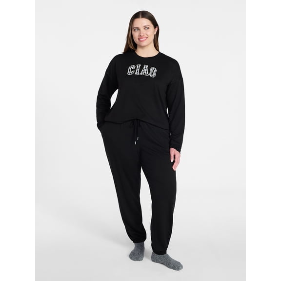 Joyspun Women's French Terry Long Sleeve Sleep Top and Joggers Lounge Set, 2-Piece, Sizes XS-3X