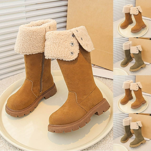 Miluxas Girls Boots - Classic Winter Retro Side Zipper Snow Boots - Mid Calf Fleece Lined Riding Shoes for Toddlers Little and Big Girls Khaki 2 M(36)