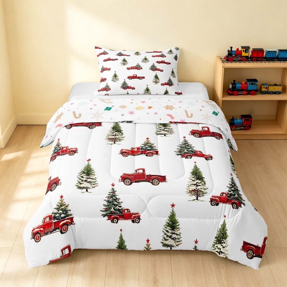 Erosebridal Christmas Truck Twin Comforter Sets, Christmas Tree Bedding Set, White Christmas, Xmas Reversible 2-Piece 1 Comforter and 1 Pillowcase