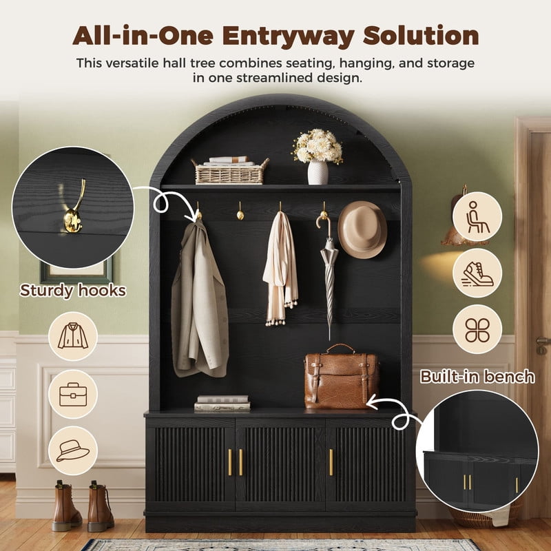 Farmhouse Hall Tree with Arched Top, Mid-Century Fluted Door Entryway Bench with Storage Cabinets & Adjustable Shelves, Coat Rack with 5 Metal Hooks for Hallway