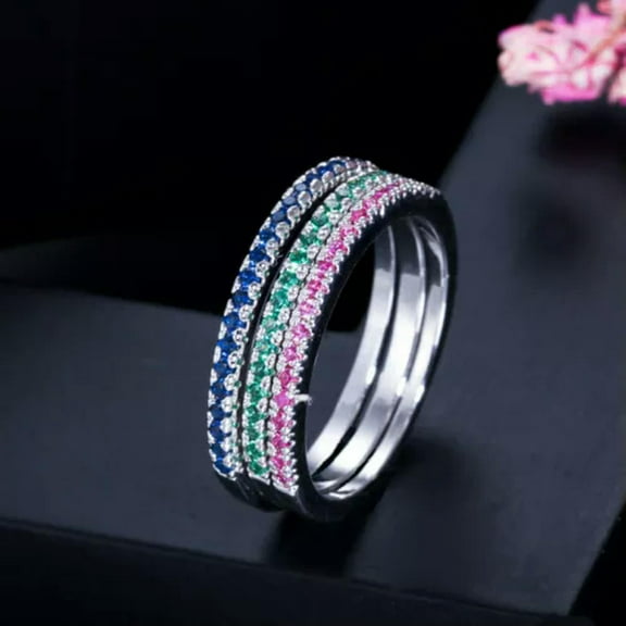 Mix Green Red Blue Color Women Cubic Zirconia Engagement Wedding Round Ring Set