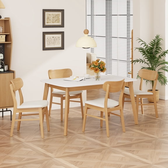 Harper & Bright Designs Small Space Dining Set for 4, 5 Pieces Rectangular Solid Wood Table Set with 4 Upholstered Chairs for Kitchen, Light beige,White Oak