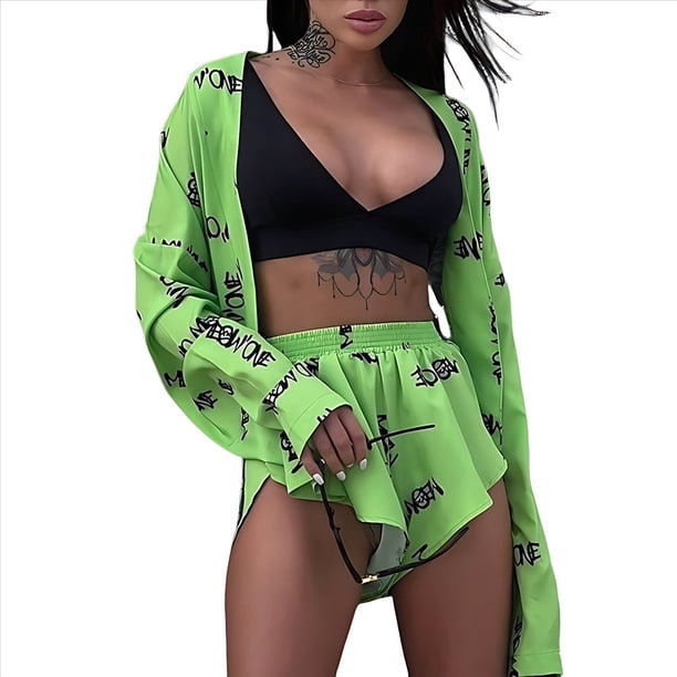 Pijama Holgado con Estampado para Mujer, Informal, con Cordones, de Larga y Pantalones Cortos de Cintura Alta, para el Hogar. Verde M