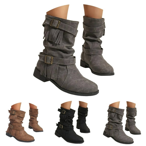 Dakaela Women's Mid Calf Dress Boots Fringe Tassel Motorcycle Riding Booties Buckle Western Combat Shoes