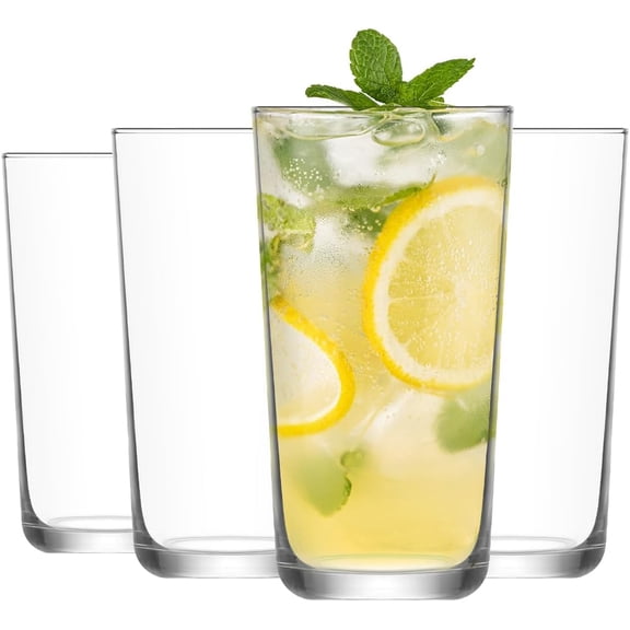 LAV Premium Long Drink Glasses, Lead-Free Highball Glass Set, Pack of 4, Dishwasher Safe, for Water, Juice, Cocktails, Tom Collins, Lemonade, Soda, Iced Tea, Mocktails 16 1/2 oz