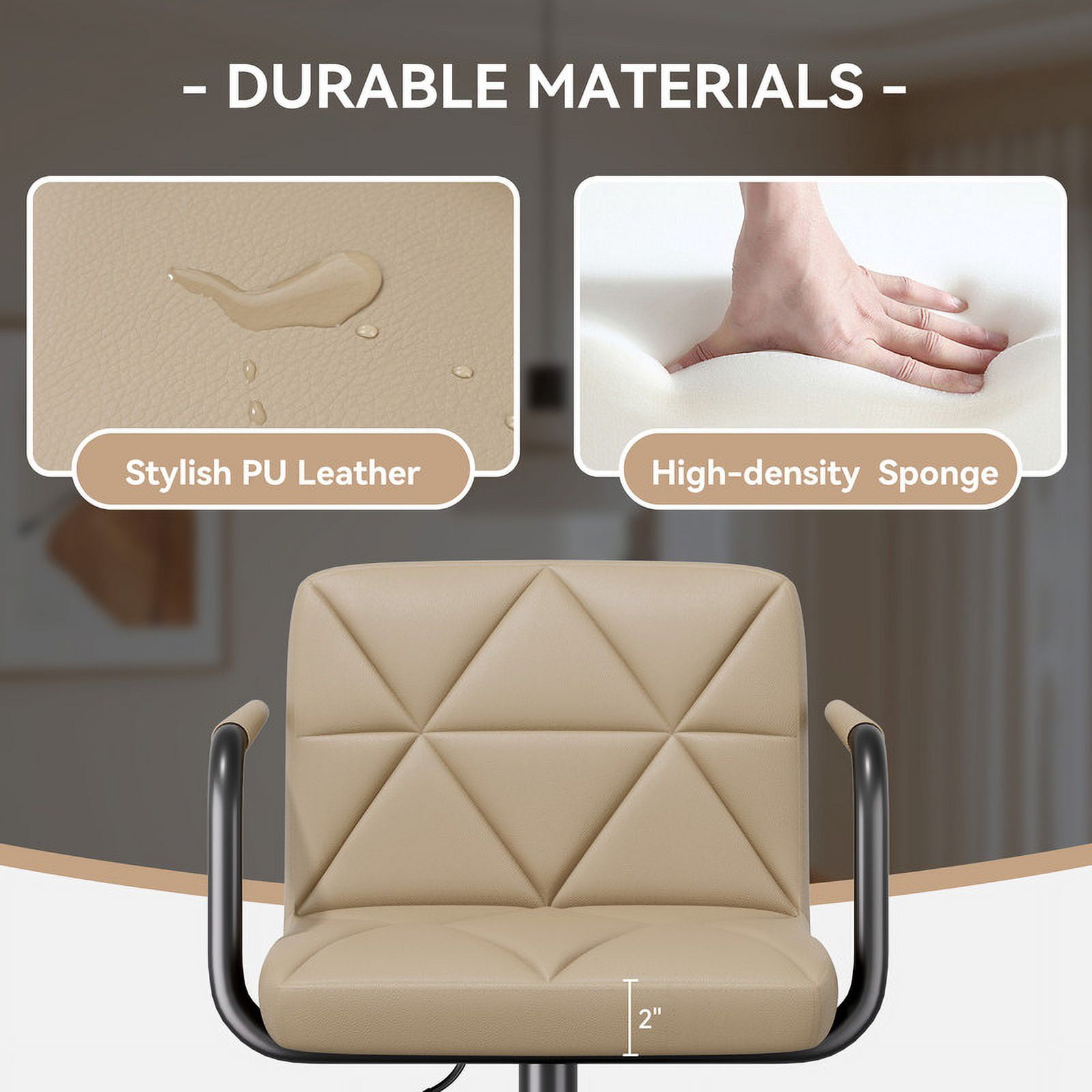 Hawsaiy Modern Bar Stools Set of 2, PU Leather Adjustable Swivel Bar Chairs with Armrests and Back, Hydraulic Counter Height Stools with Footrest for Kitchen Island, Dining Room, Bar, Khaki